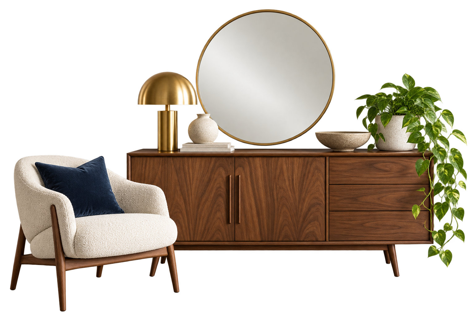 Illustrated decor concept with walnut furniture, a brass lamp, and warm neutral textiles